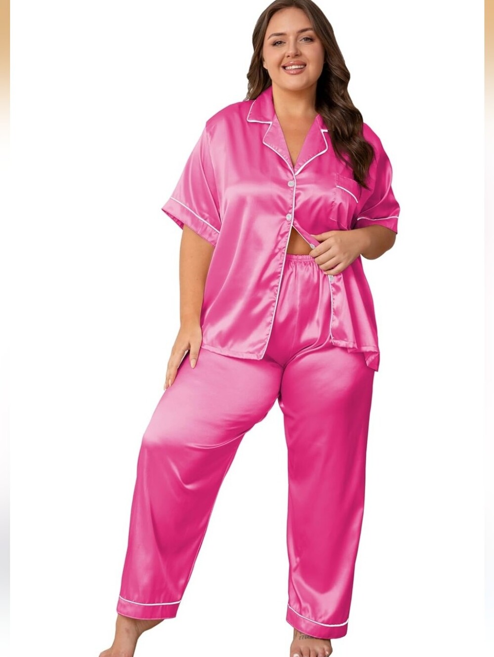 Plus Size Satin Pajama Set - Hot Pink